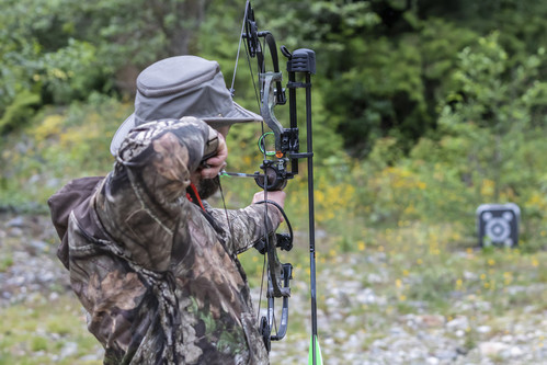Shooting a Compound Bow with sight that uses colored fibers